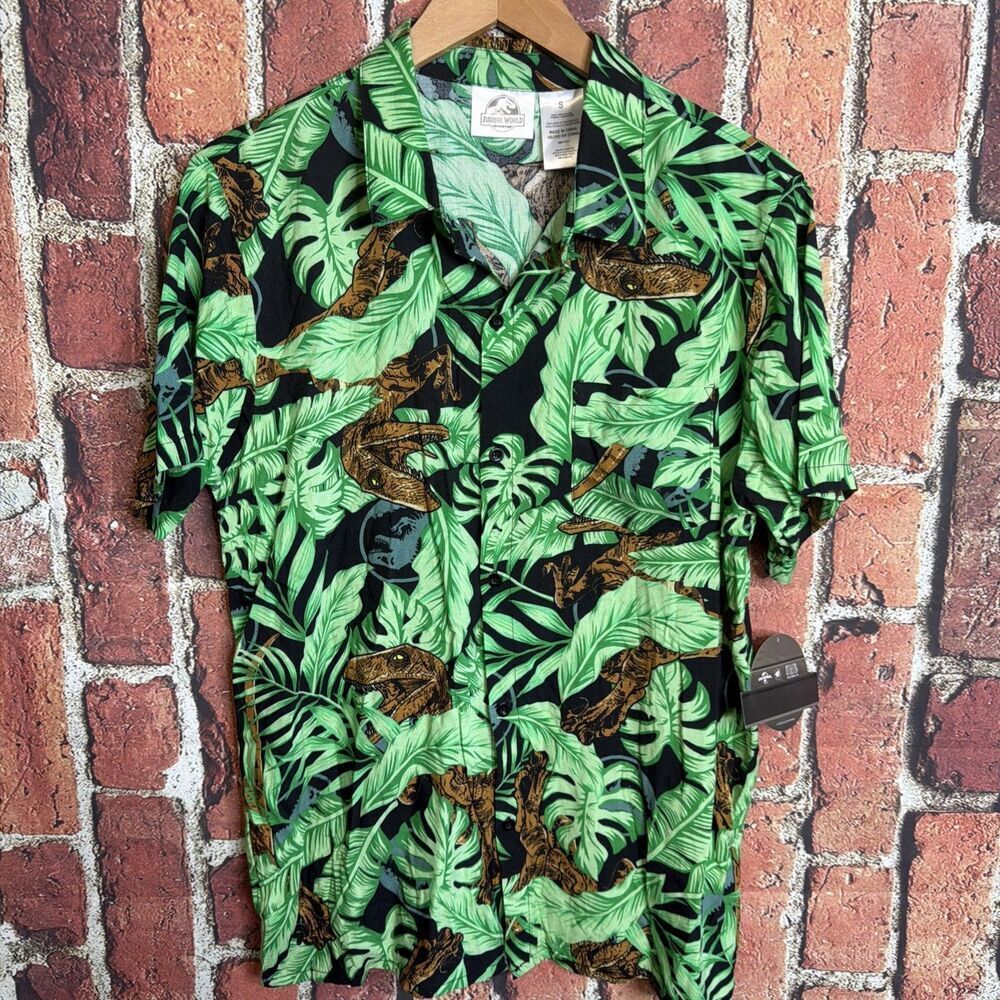 Jurassic Park Men's S Shirt Button Up Hawaiian All OverPrint Dinosaur Flora NWT